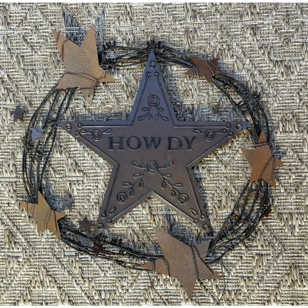 Antique Style HOWDY Sign Rustic Ranch Wall Decor STAR 14” Garlands Metal Stars